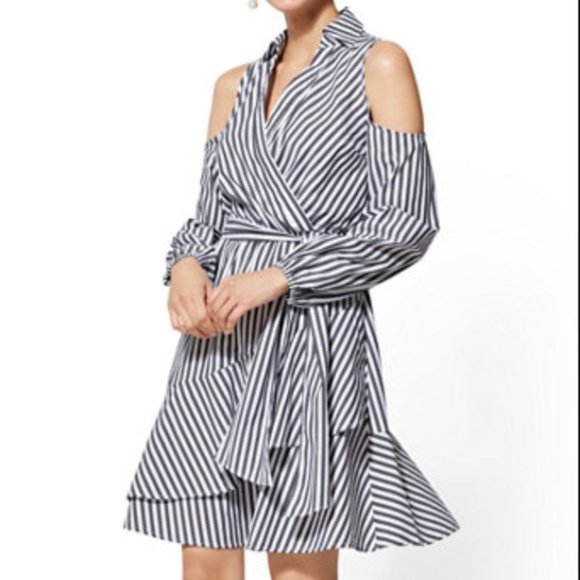 NY&Co Striped Cold Shoulder Shirt Dress - Picture 8 of 8
